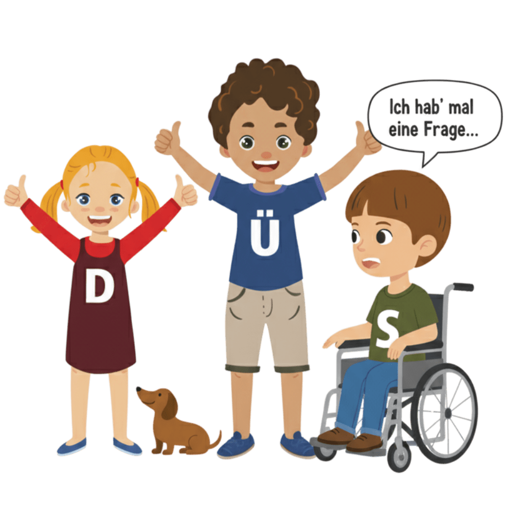 Drei Kinder stehen fröhlich zusammen, eines im Rollstuhl, mit einem Hund im Vordergrund. Sie zeigen Daumen hoch, was Gemeinschaft und Freude am Lernen symbolisiert. 