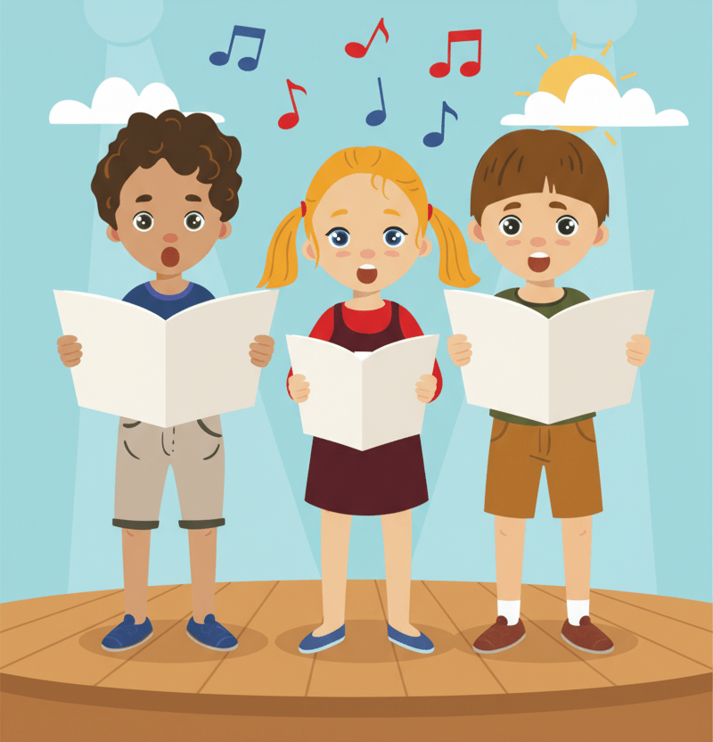 Drei Kinder singen auf einer Bühne und halten jeweils ein Liederheft in den Händen. Die Atmosphäre ist fröhlich und lebendig.
