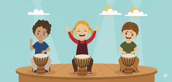 Drei Kinder sitzen auf einer Bühne, spielen begeistert Trommeln und lächeln; sie wirken fröhlich und freuen sich am Musizieren.